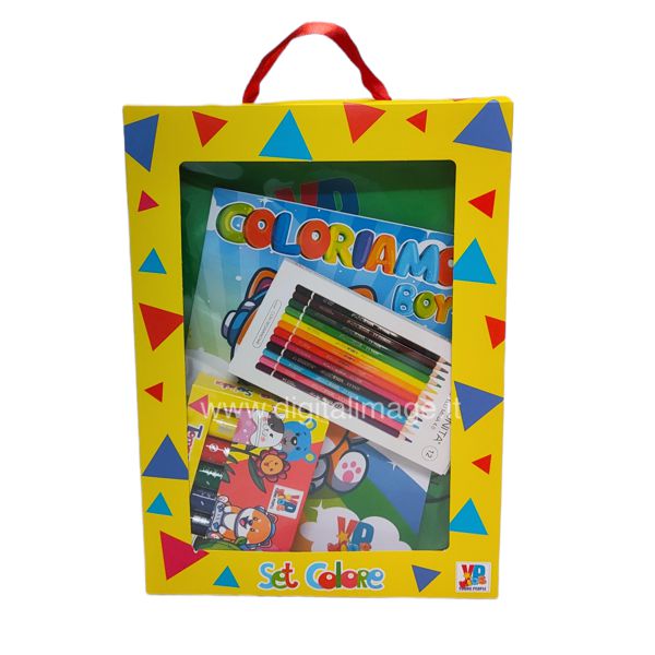 confezione regalo bambino con sacca, colori e album da colorare