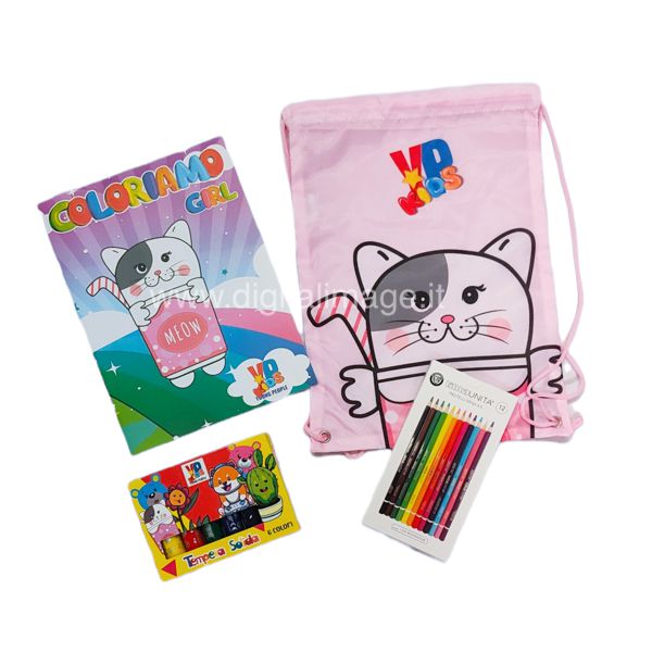 confezione regalo con sacca con gattino rosa, colori e album da colorare