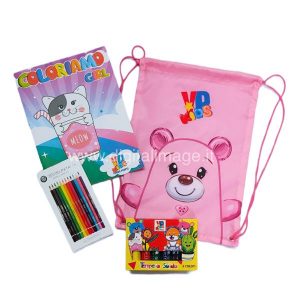 confezione regalo con sacca, colori e album da colorare orsetto rosa
