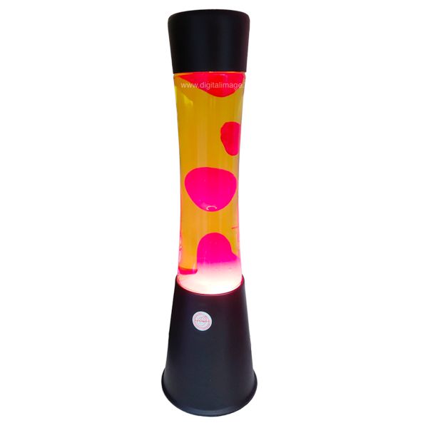 lava lamp con fusto nero e biolle rosse su fondo giallo