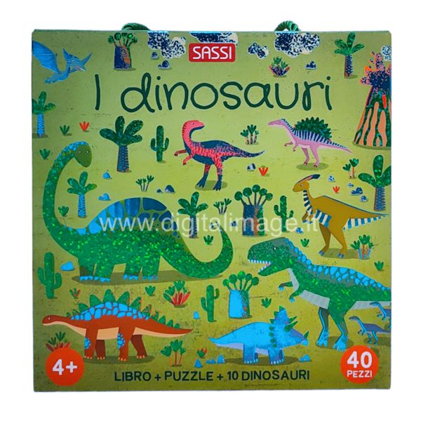 Puzzle dinosauri composto da 40 pezzi, 10 sagome di dinosauri e un libretto