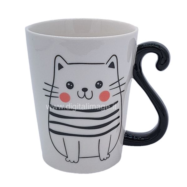 tazza in ceramica con stampa gatto a righe bianche e nere e coda a forma di coda