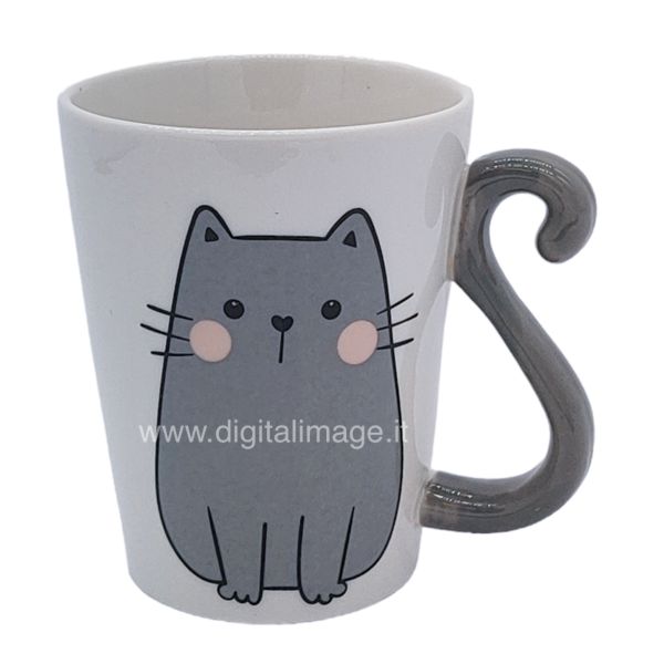 tazza gatto grigio con manico a forma di coda