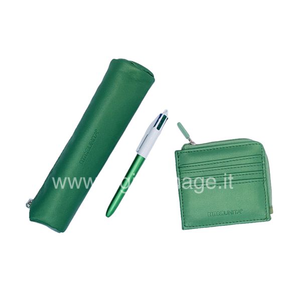 set regalo verde composto da portamonete e astuccio tinta Unita e penna 4 colori Bic