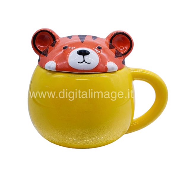 tazza in ceramica tigre con coperchio sagomato