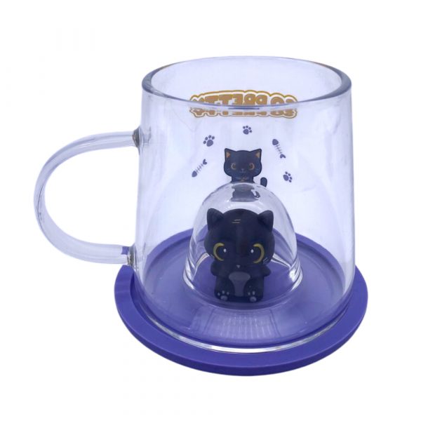 tazza gatto neroa in vetro borosilicato con coperchio in silicone che funge da base antiscivolo
