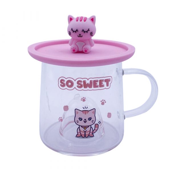 tazza gatto rosa in vetro borosilicato con coperchio in silicone