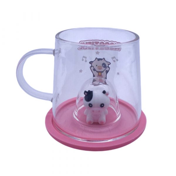 tazza mucca in vetro borosilicato con coperchio in silicone che funge anche da base