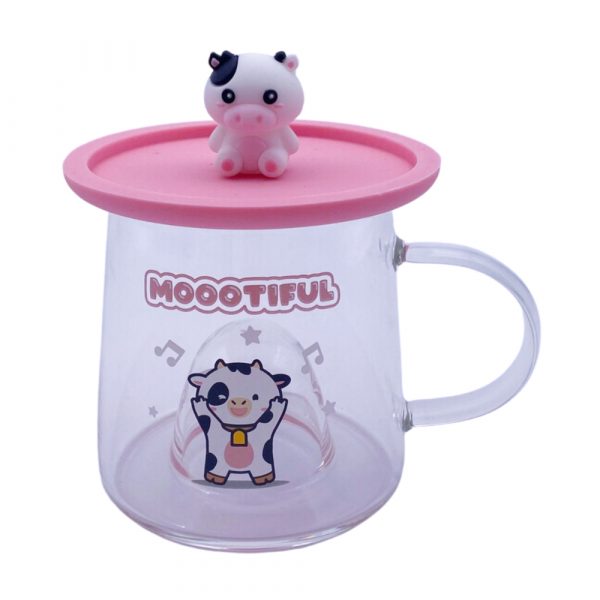 tazza mucca in vetro borosilicato con coperchio in silicone